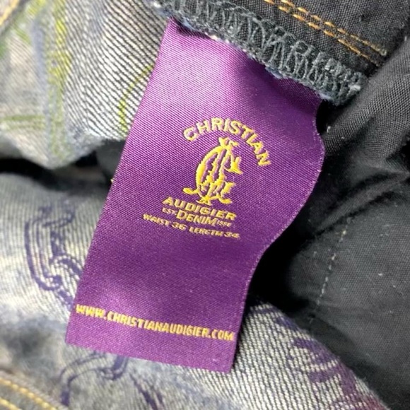 Christian Audigier Denim Jeans 36X34 Skull Back Logo Rhinestones Embroidery - Picture 11 of 16